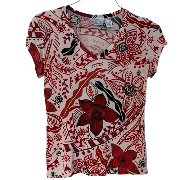 Chico’s Traveler Dhort Floral Short Sleeve Stretchy Top Spandex Vibrant Size S - Picture 1 of 6